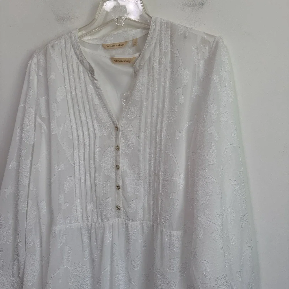 Soft Surroundings Jacquard Sheer Tunic Tank XL Blouse Floral Ruffle Long Sleeve - Picture 3 of 9